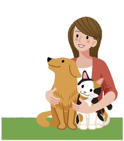 41622270 a woman tenderly holding her dog and a cat looking up